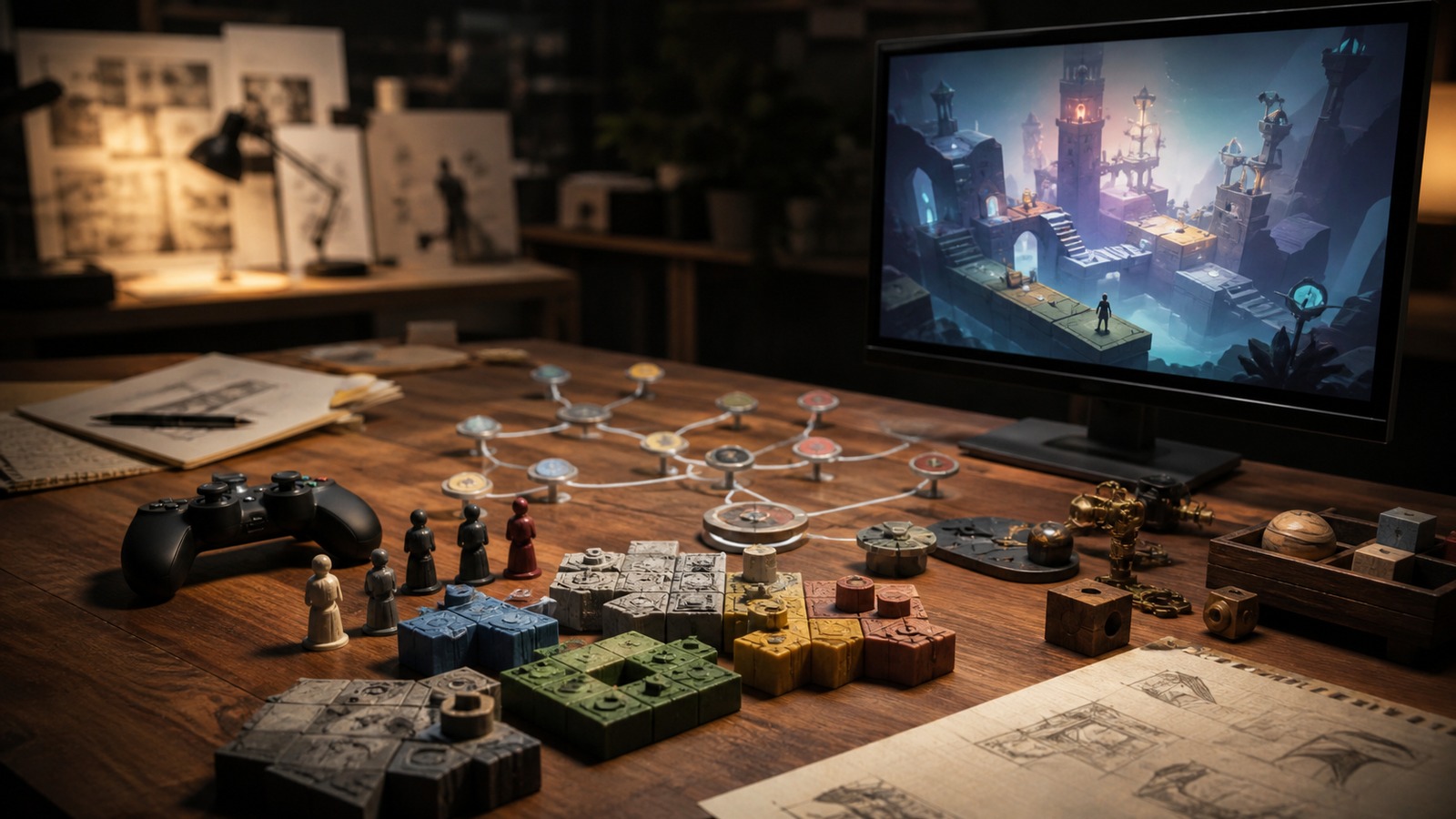 Game design table with mechanics tokens puzzle blocks and branching story model