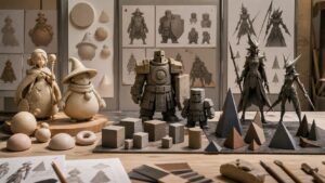 Character design studio with maquettes showing rounded blocky and angular shape language