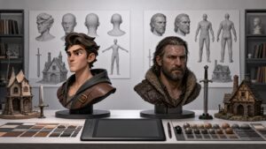3D modeling comparison studio with stylized and realistic busts props topology sheets and material swatches