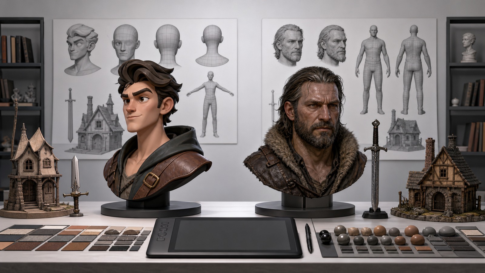 3D modeling comparison studio with stylized and realistic busts props topology sheets and material swatches