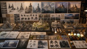 Visual development studio with game world maquettes and material boards