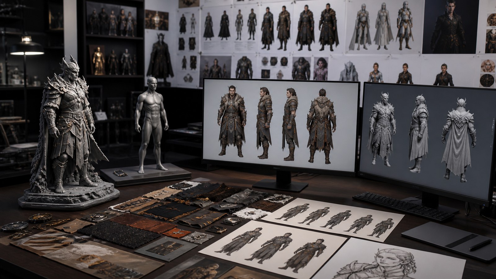 Game character design studio with maquettes costume materials and unbranded character turnarounds