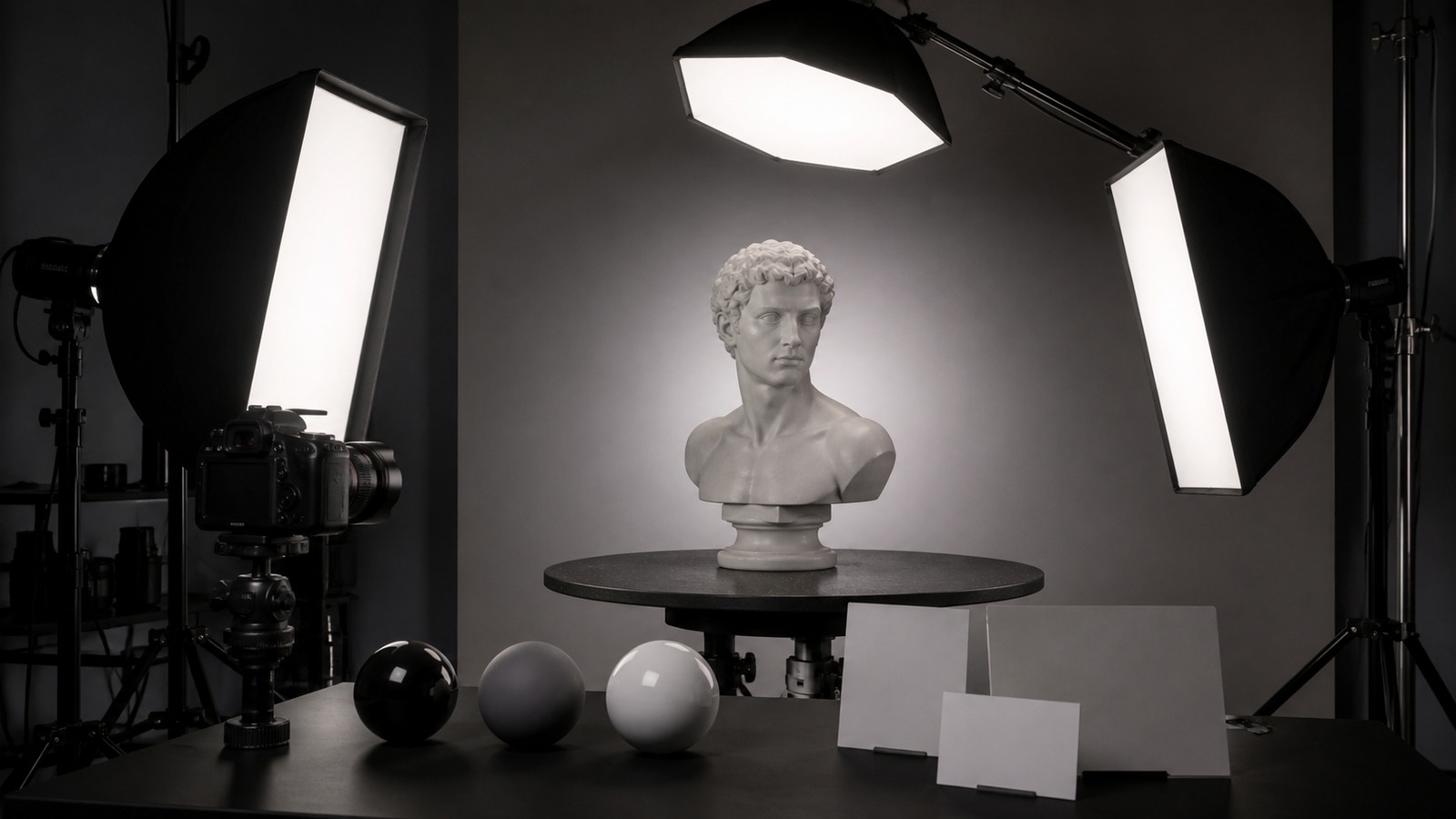 3D lighting studio with clay bust on turntable three softbox lights camera and material spheres