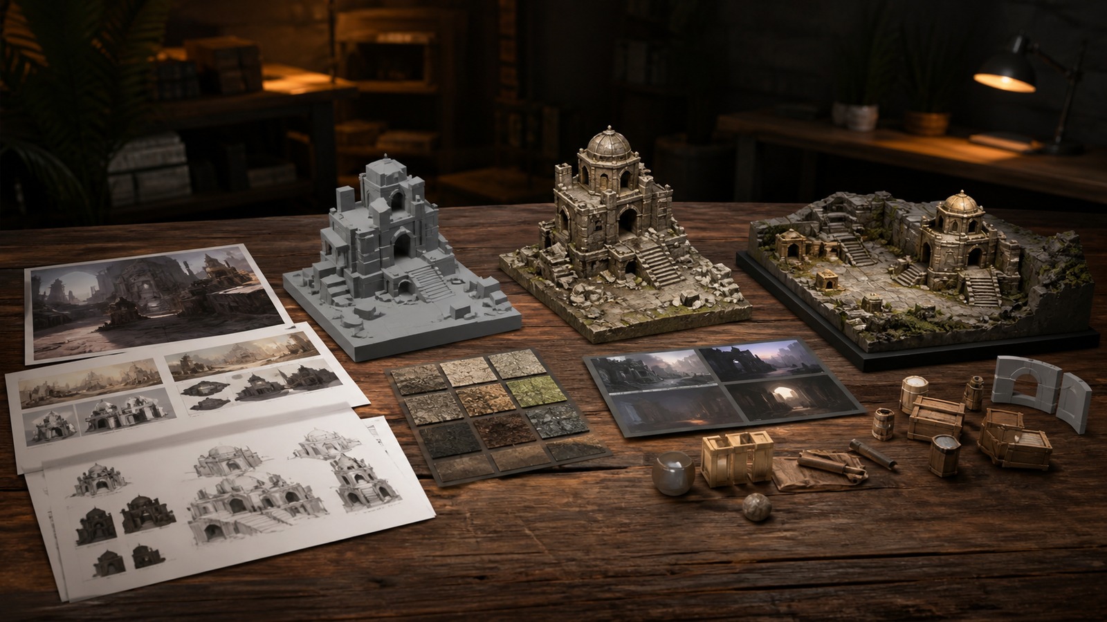 Game art pipeline table with concept boards blockout model materials lighting samples and final world maquette