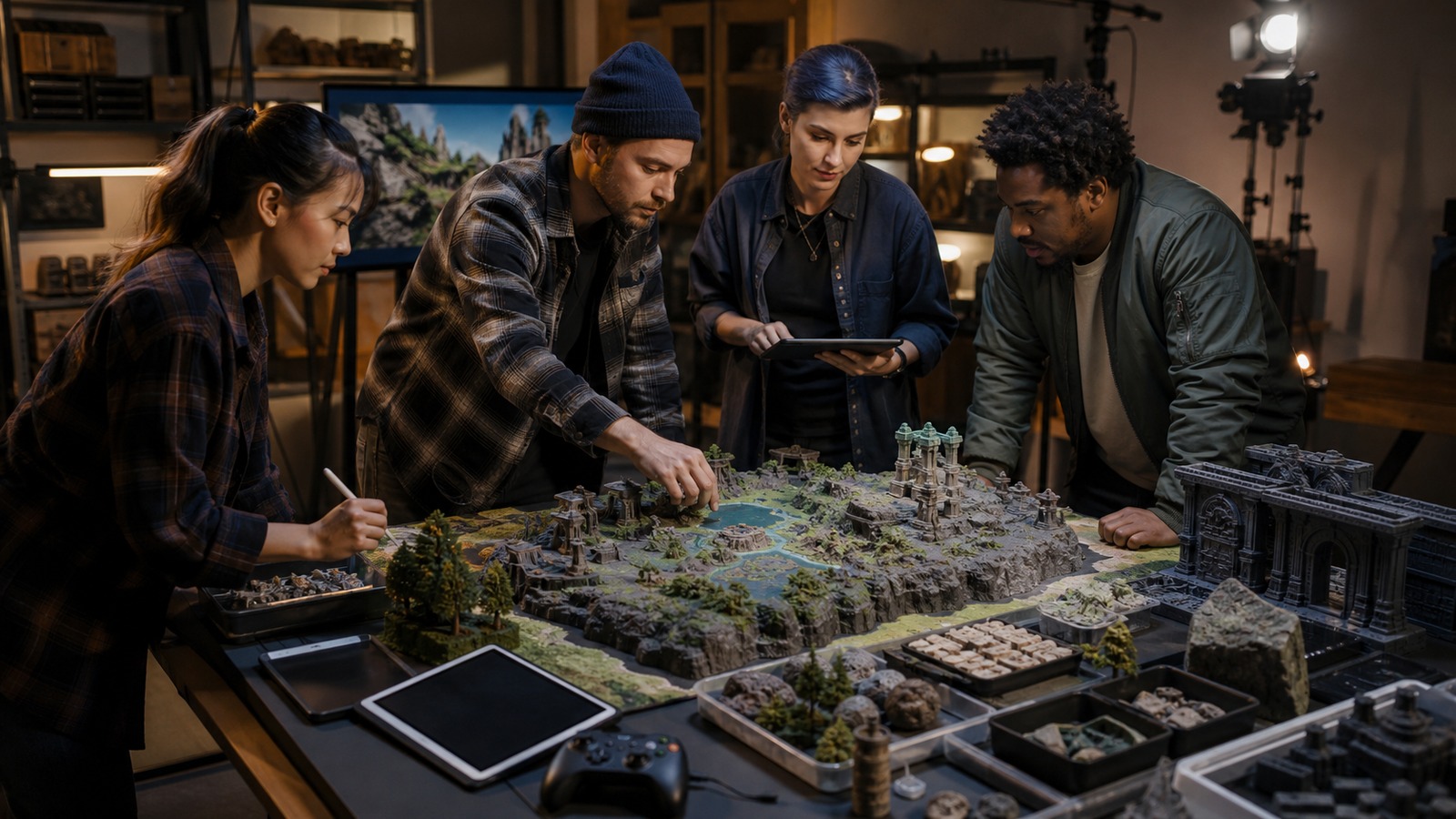 Collaborative game production room with team around 3D world maquette asset trays and controllers