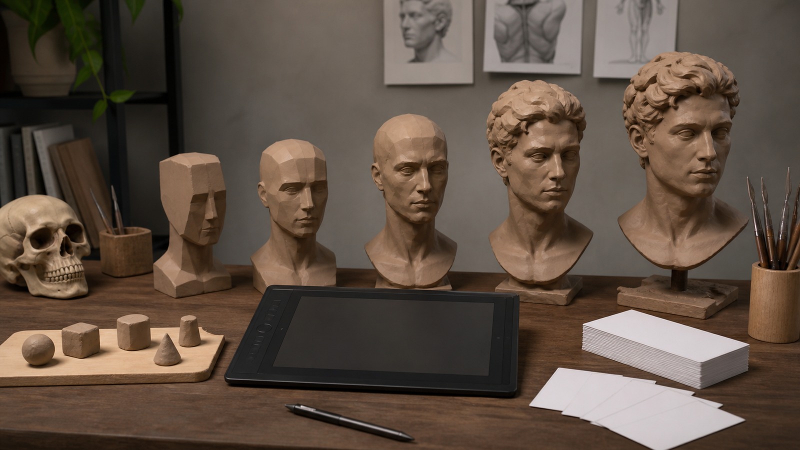 Digital sculpting learning desk with progressive bust studies tablet form exercises and blank progress cards
