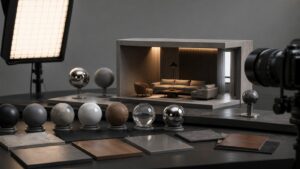 Photoreal 3D rendering studio with material spheres miniature interior scene camera lens and light panels