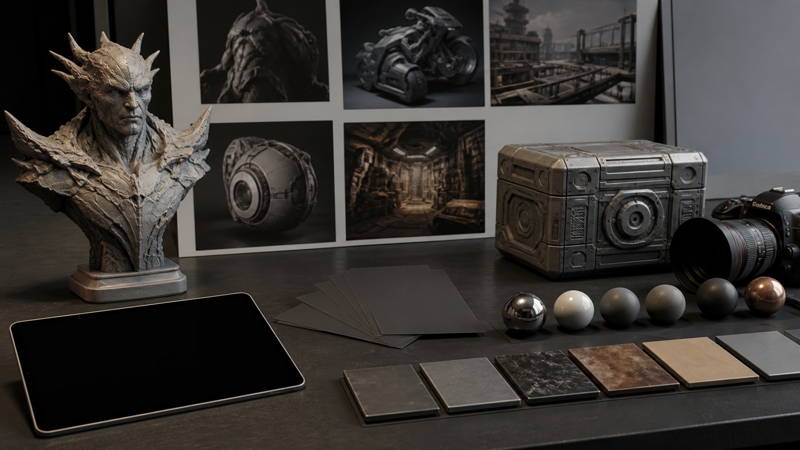 Professional 3D modeling portfolio review desk with character bust hard surface prop material swatches and tablet