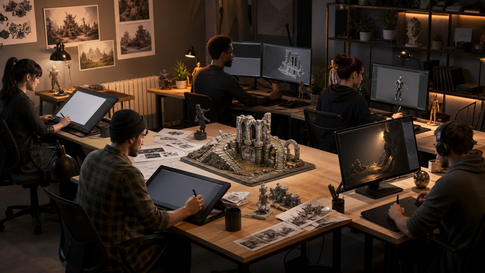 Game art team workspace with concept modeling animation lighting and technical art stations