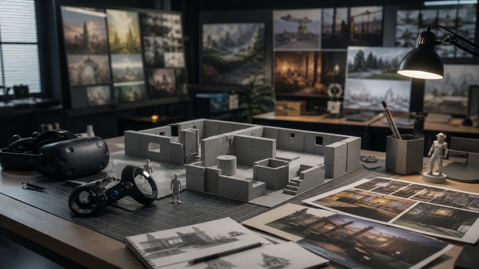 VR environment production desk with graybox room model headset scale figures and controller props
