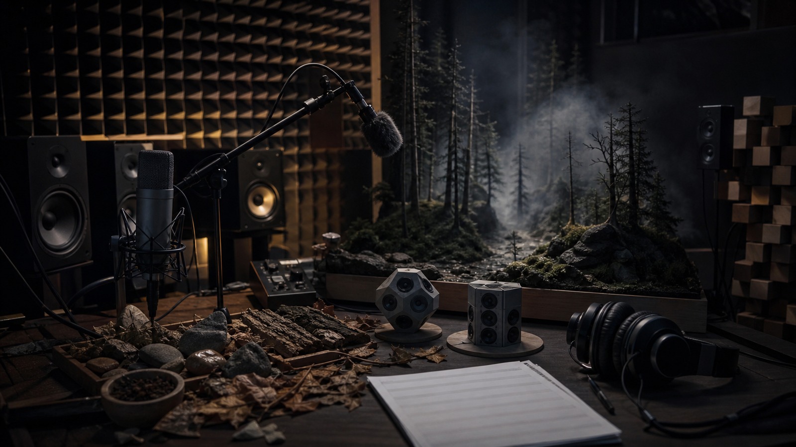 Game audio atmosphere studio with microphones acoustic panels forest diorama and field recording objects