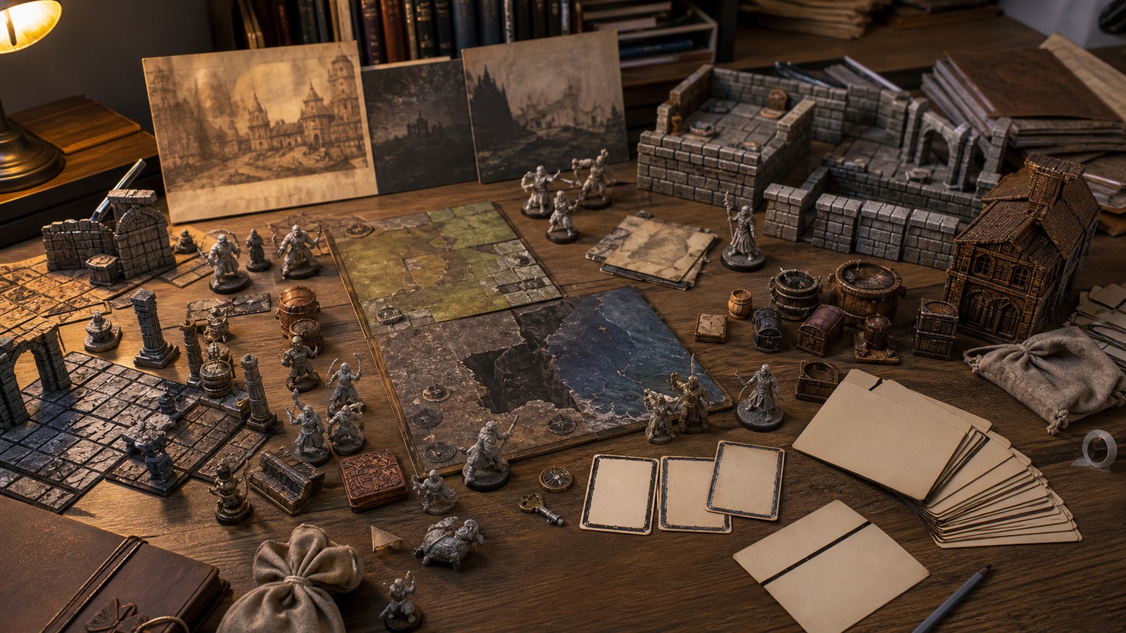 Fan expansion design desk with fantasy map tiles quest props miniatures and modular level pieces