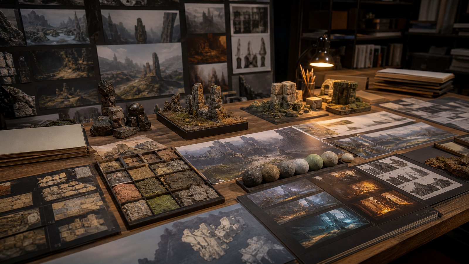 Art direction studio table with 3D world material samples shape studies lighting thumbnails and terrain maquettes