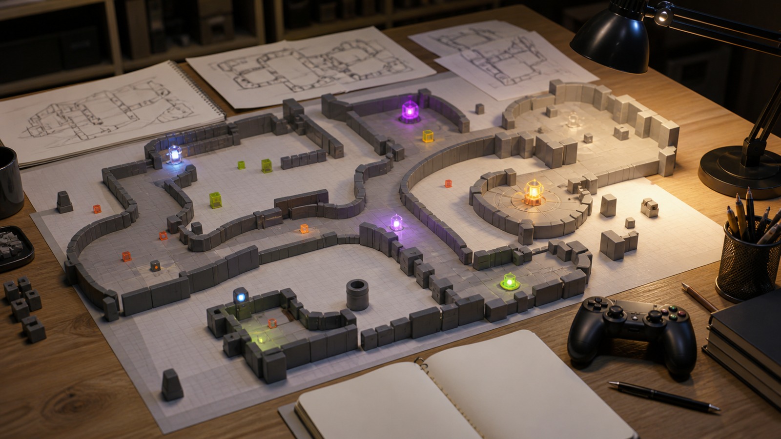 Level design workshop table with winding graybox route branching markers encounter blocks and controller