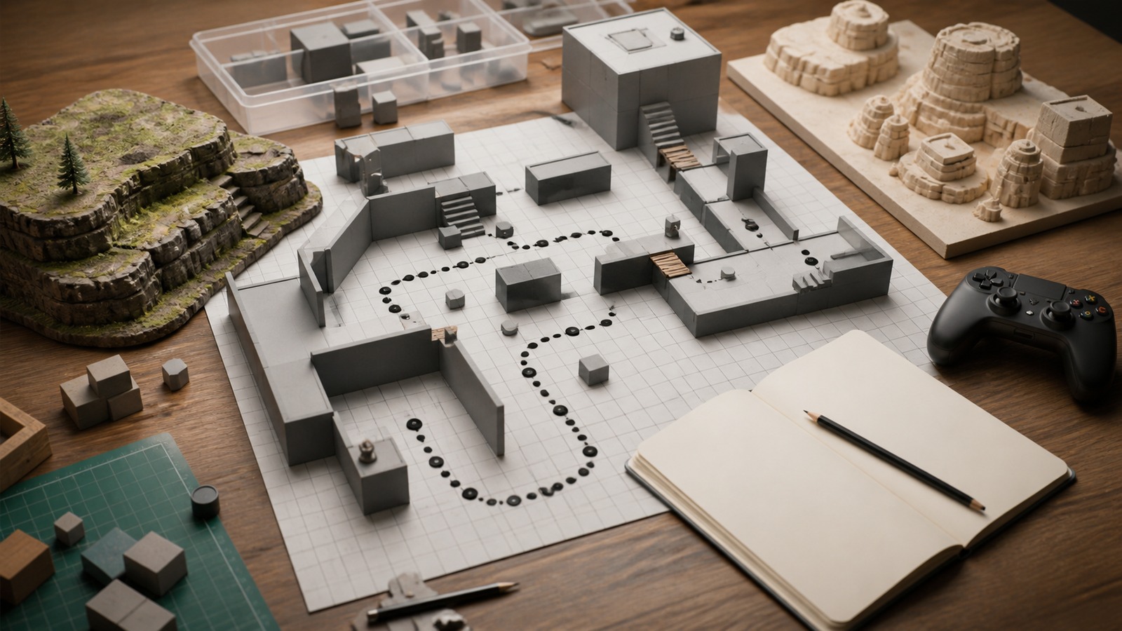 Beginner level design workspace with graybox block layout terrain pieces path markers and controller
