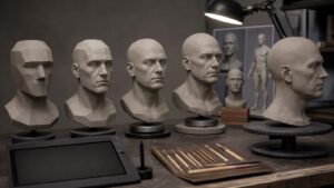3D face sculpting table with staged head busts calipers sculpting tablet and neutral reference models