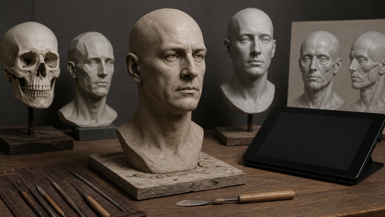 Digital sculpting workstation with realistic face bust skull reference anatomy planes and tablet