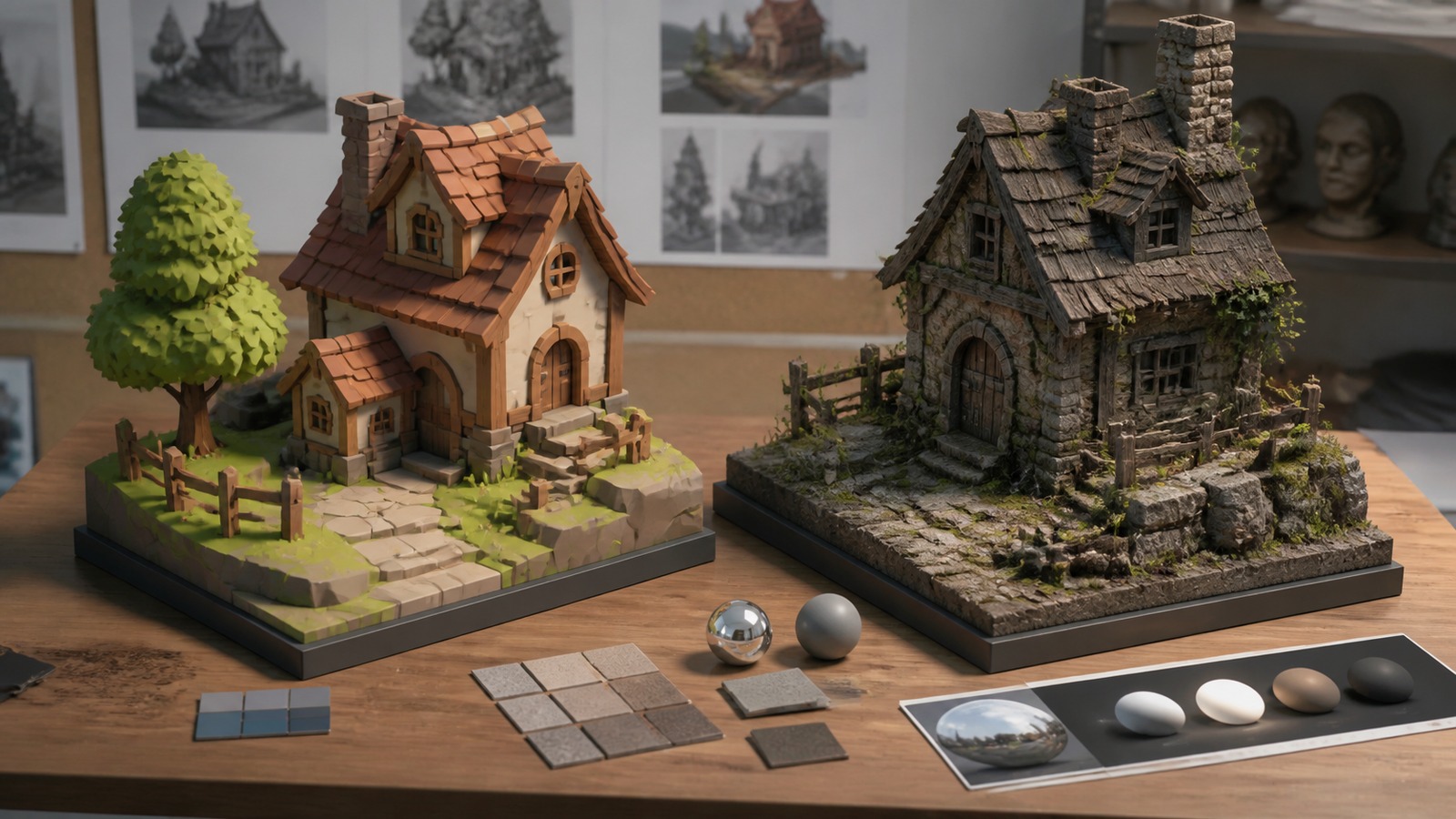 Game art review workspace comparing stylized and realistic 3D environment maquettes