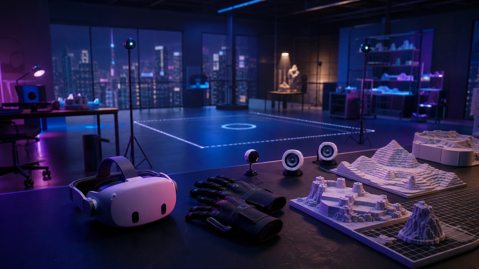 VR world design lab with headset hand tracking gloves room-scale markers and 3D environment maquettes