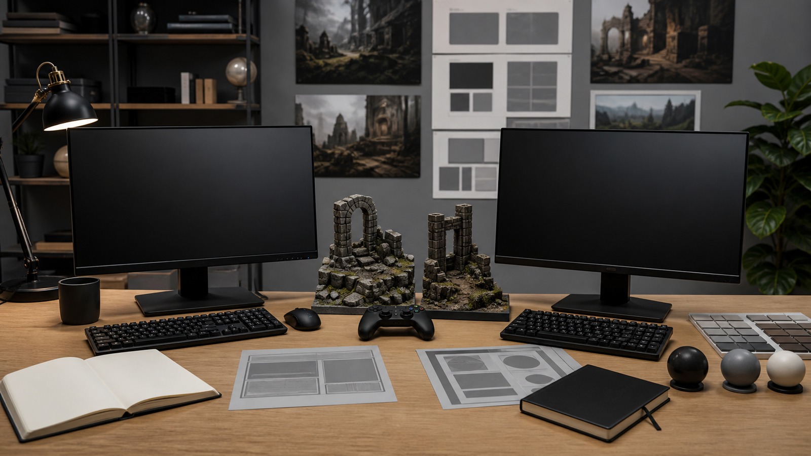 Neutral game engine evaluation desk with two unbranded workstations controllers and 3D scene maquettes