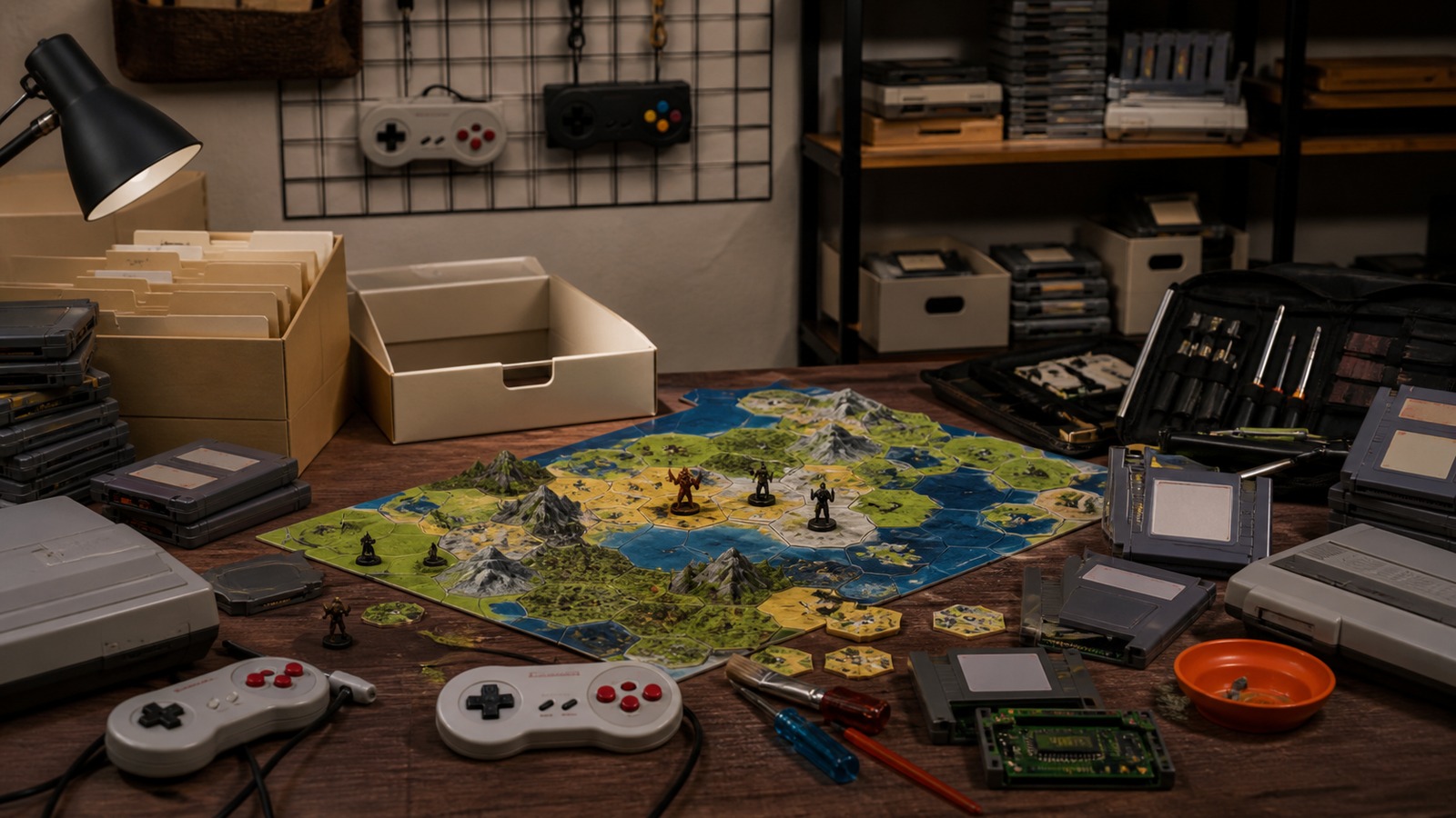 Community game preservation workspace with retro controllers blank cartridges expansion map pieces and tools