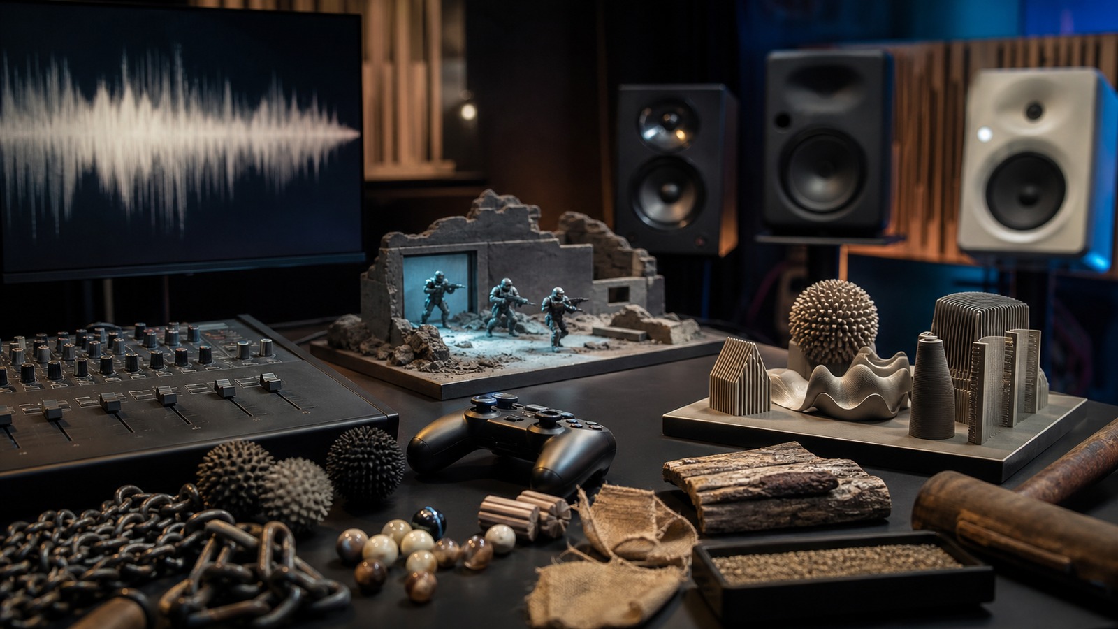 Game sound design workstation with foley props controller speakers miniature action scene and mixer