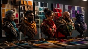 Game character busts and color swatches arranged for color theory review