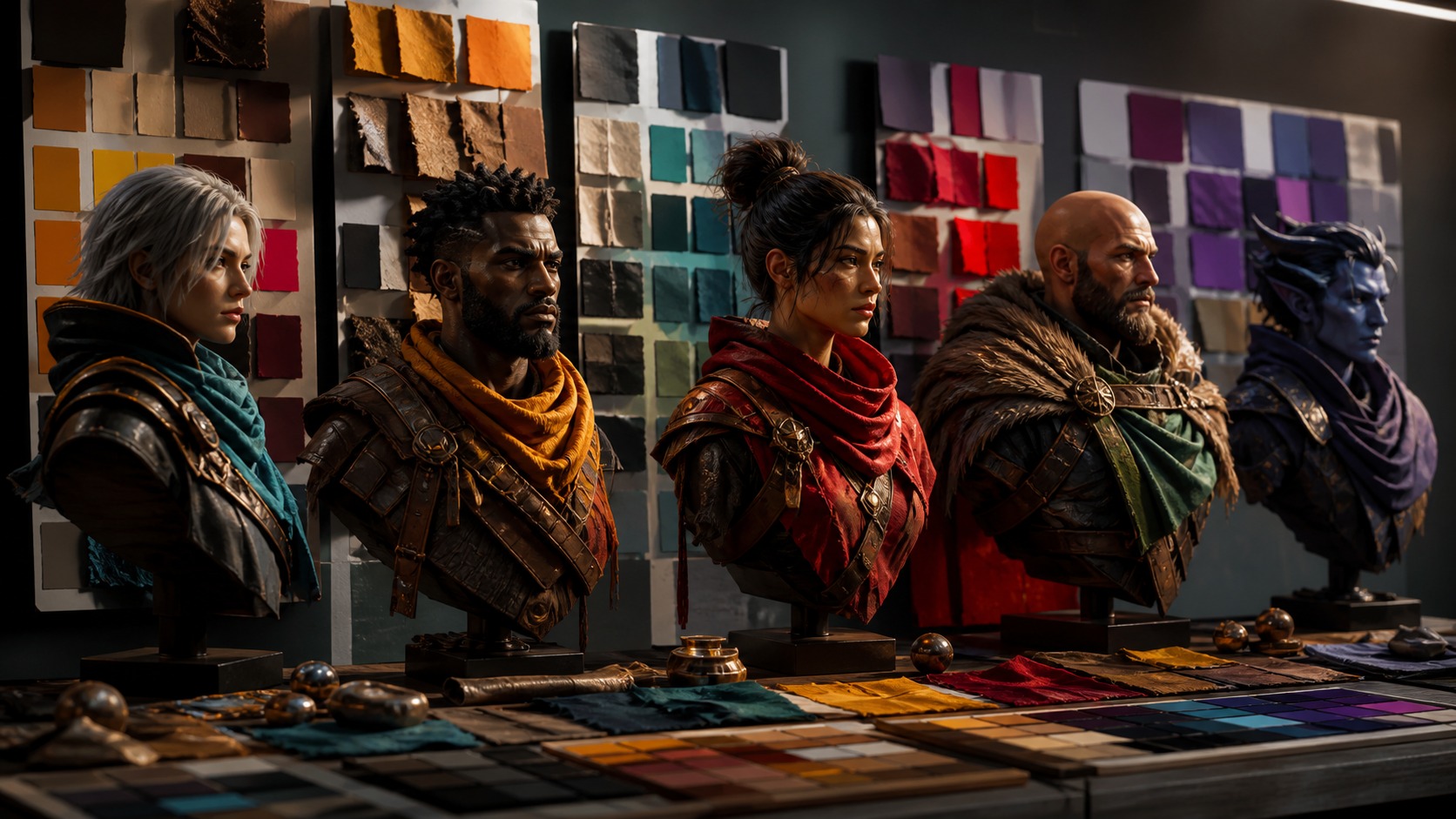 Game character busts and color swatches arranged for color theory review