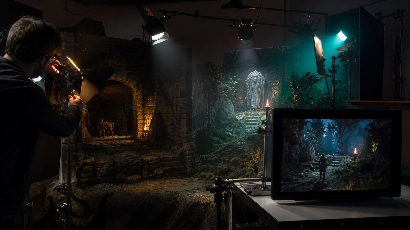 Lighting artist shaping mood in miniature dungeon and forest shrine game scenes